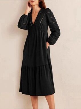 Boden Black V-Neck Tiered Midi Dress with Puff Sleeves